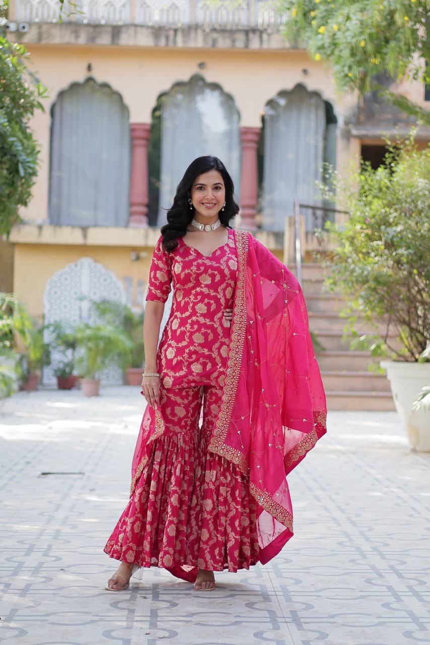 Party Wear Pink Color Viscose Georgette Jacquard Designer Sharara Suit