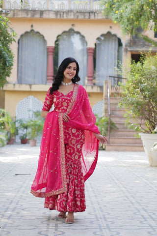 Party Wear Pink Color Viscose Georgette Jacquard Designer Sharara Suit