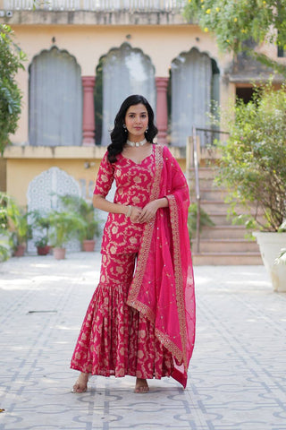 Party Wear Pink Color Viscose Georgette Jacquard Designer Sharara Suit
