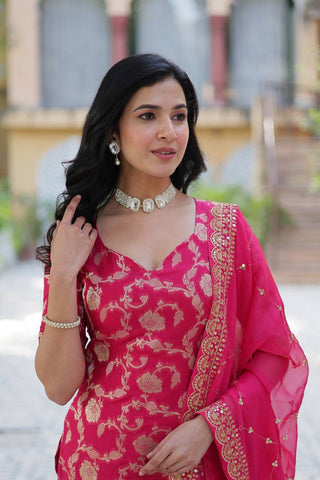 Party Wear Pink Color Viscose Georgette Jacquard Designer Sharara Suit