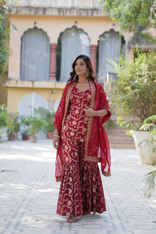 Party Wear Maroon Color Viscose Georgette Jacquard Designer Sharara Suit