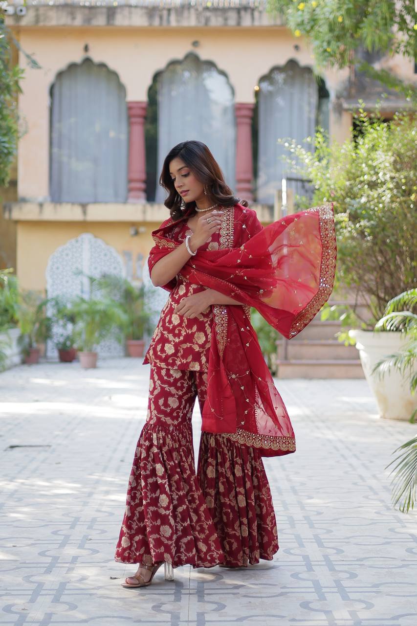 Party Wear Maroon Color Viscose Georgette Jacquard Designer Sharara Suit