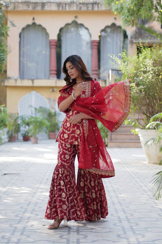 Party Wear Maroon Color Viscose Georgette Jacquard Designer Sharara Suit