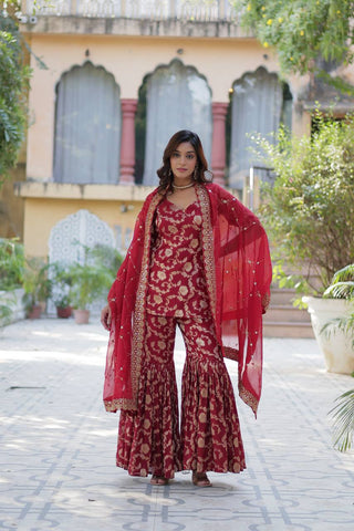 Party Wear Maroon Color Viscose Georgette Jacquard Designer Sharara Suit