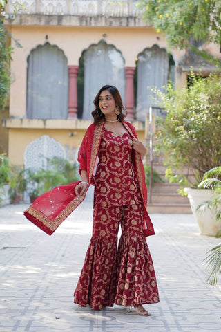 Party Wear Maroon Color Viscose Georgette Jacquard Designer Sharara Suit