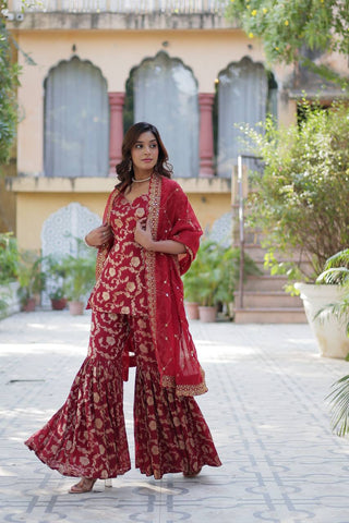 Party Wear Maroon Color Viscose Georgette Jacquard Designer Sharara Suit