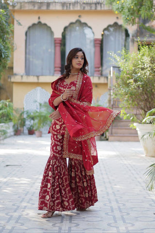 Party Wear Maroon Color Viscose Georgette Jacquard Designer Sharara Suit