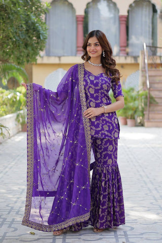 Party Wear Purple Color Viscose Georgette Jacquard Designer Sharara Suit
