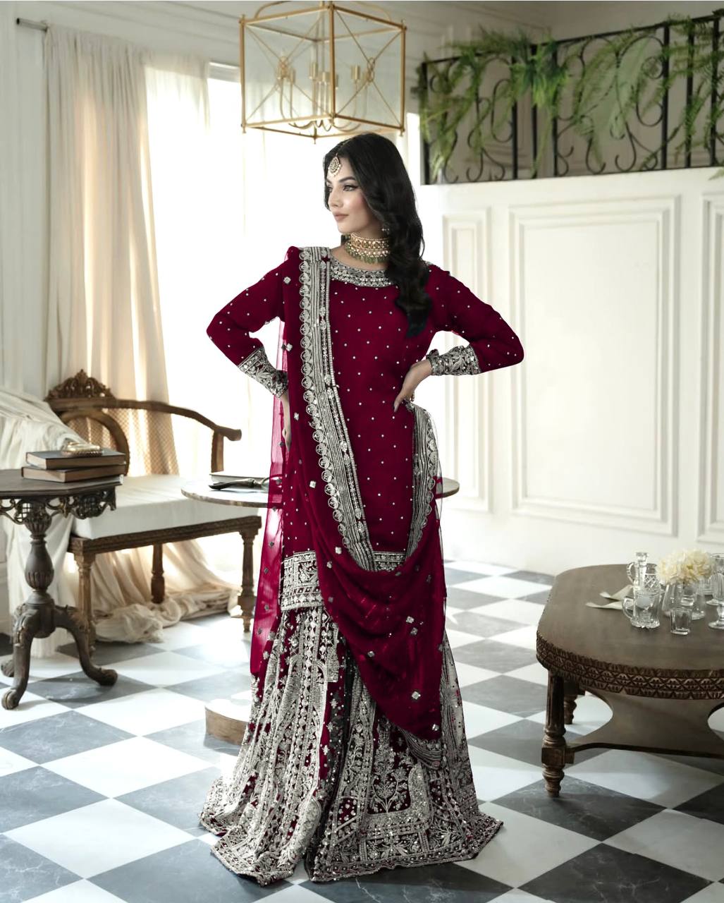 Wedding Wear Maroon Color Heavy Faux Georgette With Embroidery Sequence Work Sharara Suit