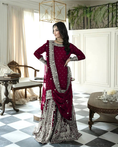 Wedding Wear Maroon Color Heavy Faux Georgette With Embroidery Sequence Work Sharara Suit