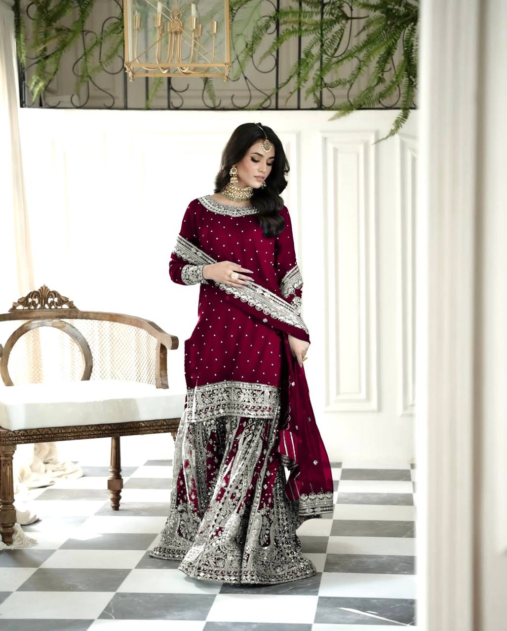 Wedding Wear Maroon Color Heavy Faux Georgette With Embroidery Sequence Work Sharara Suit