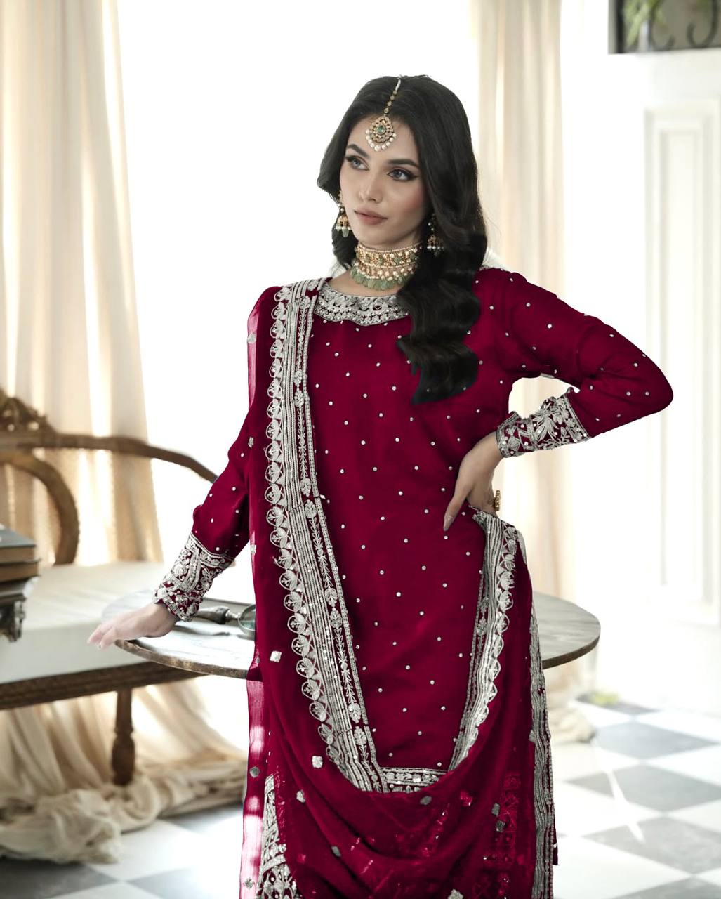 Wedding Wear Maroon Color Heavy Faux Georgette With Embroidery Sequence Work Sharara Suit