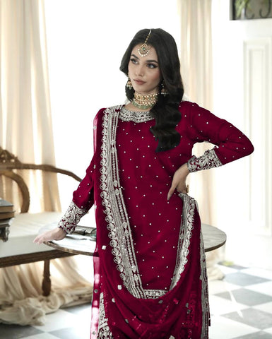Wedding Wear Maroon Color Heavy Faux Georgette With Embroidery Sequence Work Sharara Suit