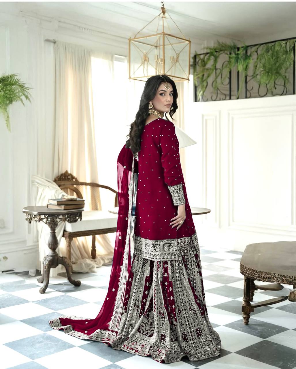 Wedding Wear Maroon Color Heavy Faux Georgette With Embroidery Sequence Work Sharara Suit