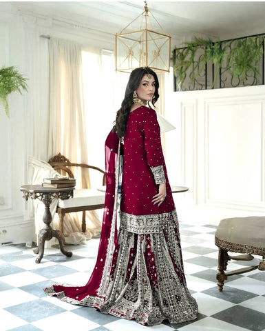Wedding Wear Maroon Color Heavy Faux Georgette With Embroidery Sequence Work Sharara Suit