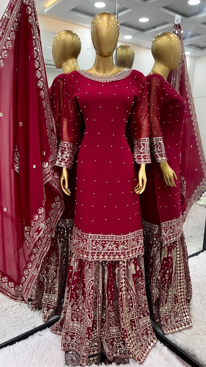 Wedding Wear Maroon Color Heavy Faux Georgette With Embroidery Sequence Work Sharara Suit