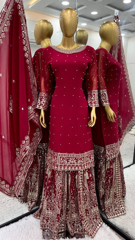 Wedding Wear Maroon Color Heavy Faux Georgette With Embroidery Sequence Work Sharara Suit
