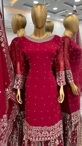 Wedding Wear Maroon Color Heavy Faux Georgette With Embroidery Sequence Work Sharara Suit
