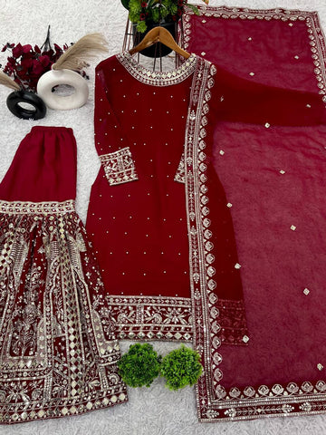 Wedding Wear Maroon Color Heavy Faux Georgette With Embroidery Sequence Work Sharara Suit