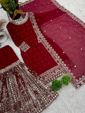 Wedding Wear Maroon Color Heavy Faux Georgette With Embroidery Sequence Work Sharara Suit