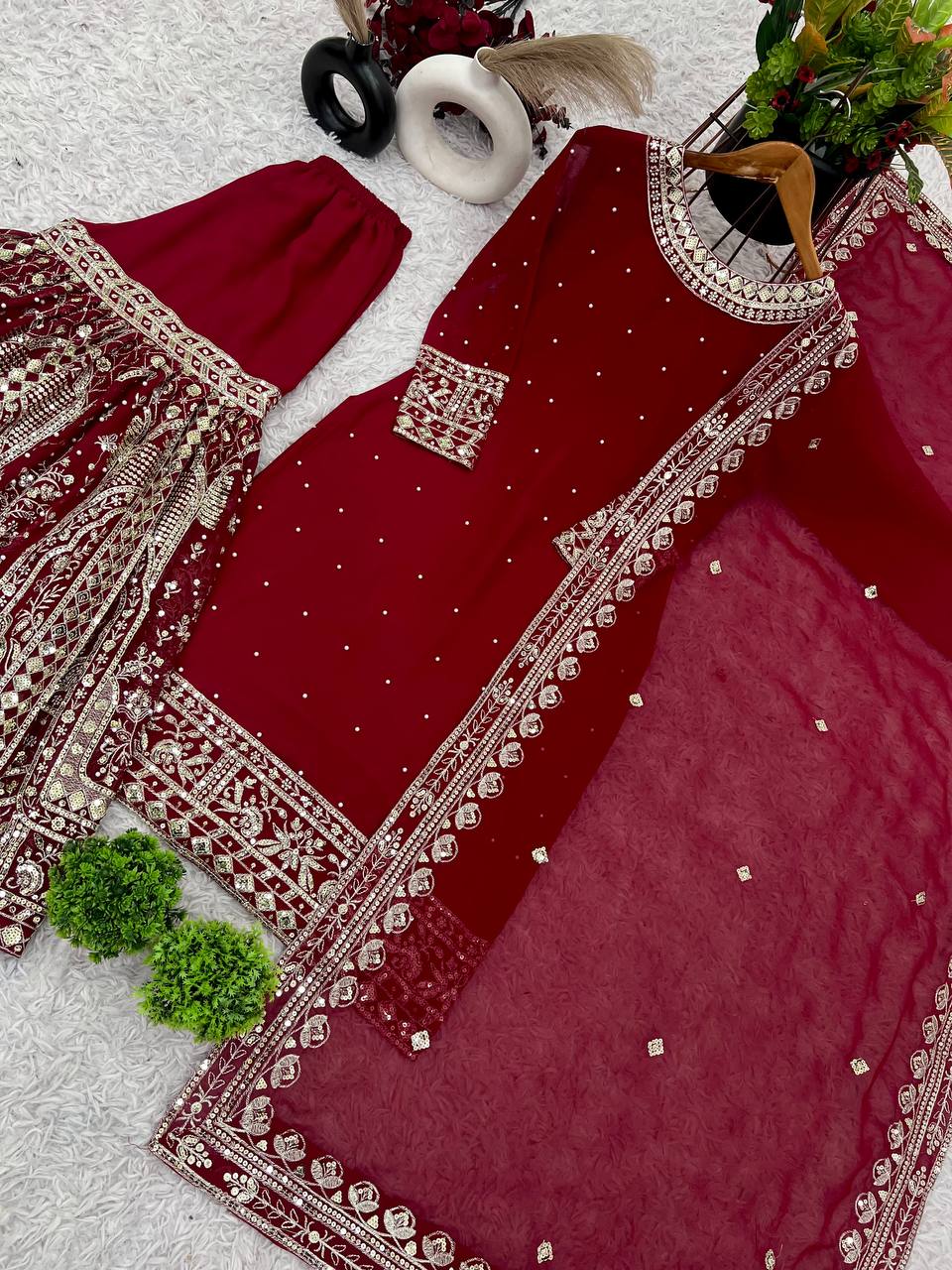 Wedding Wear Maroon Color Heavy Faux Georgette With Embroidery Sequence Work Sharara Suit