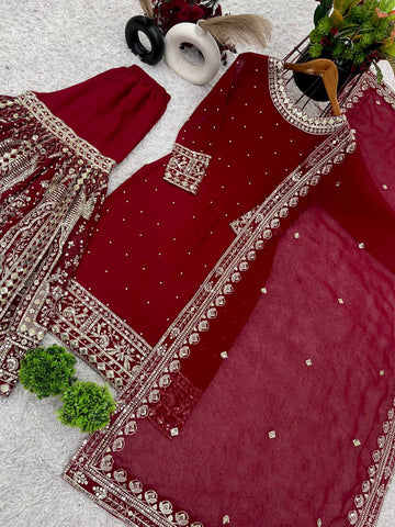 Wedding Wear Maroon Color Heavy Faux Georgette With Embroidery Sequence Work Sharara Suit