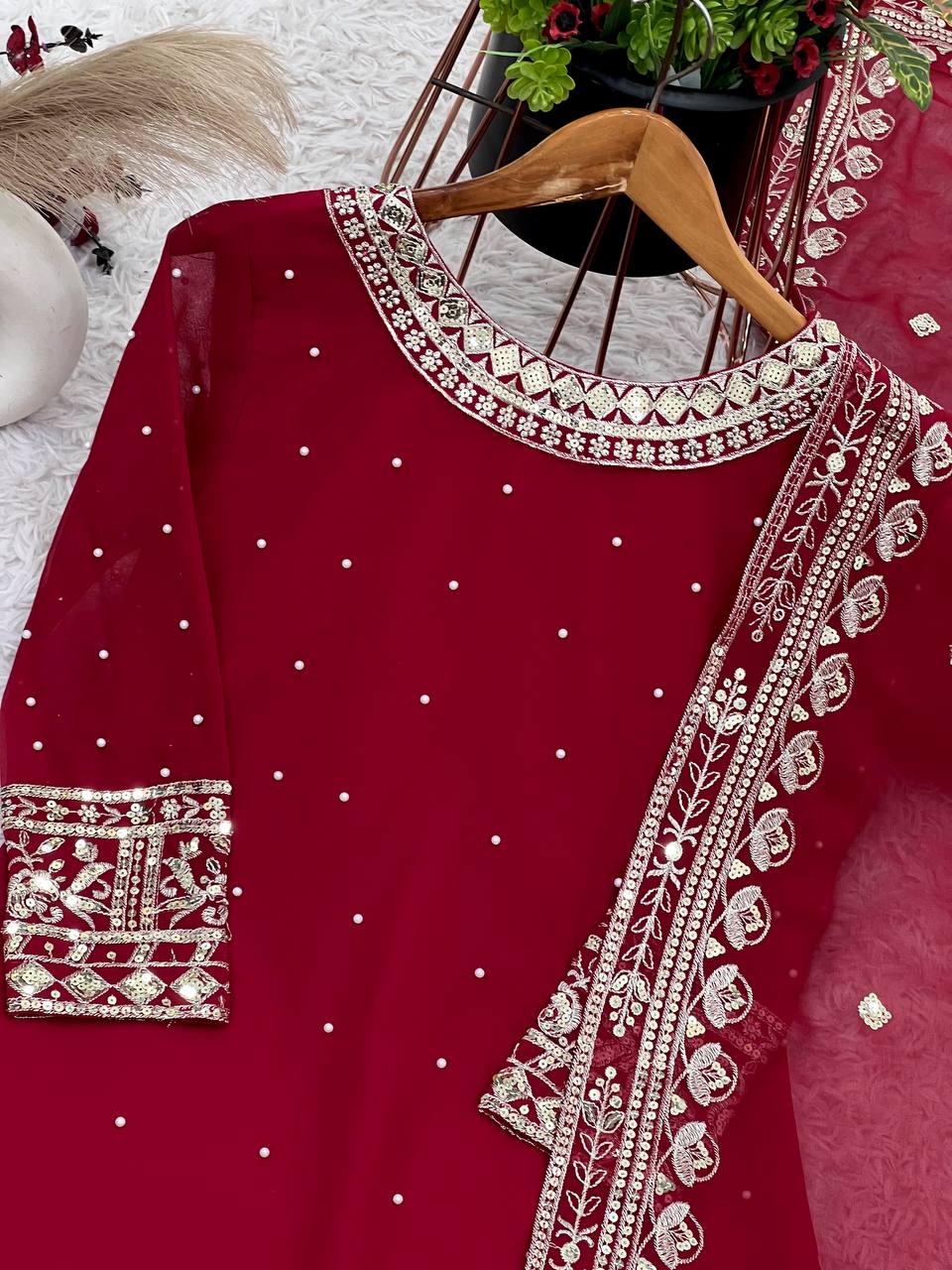 Wedding Wear Maroon Color Heavy Faux Georgette With Embroidery Sequence Work Sharara Suit