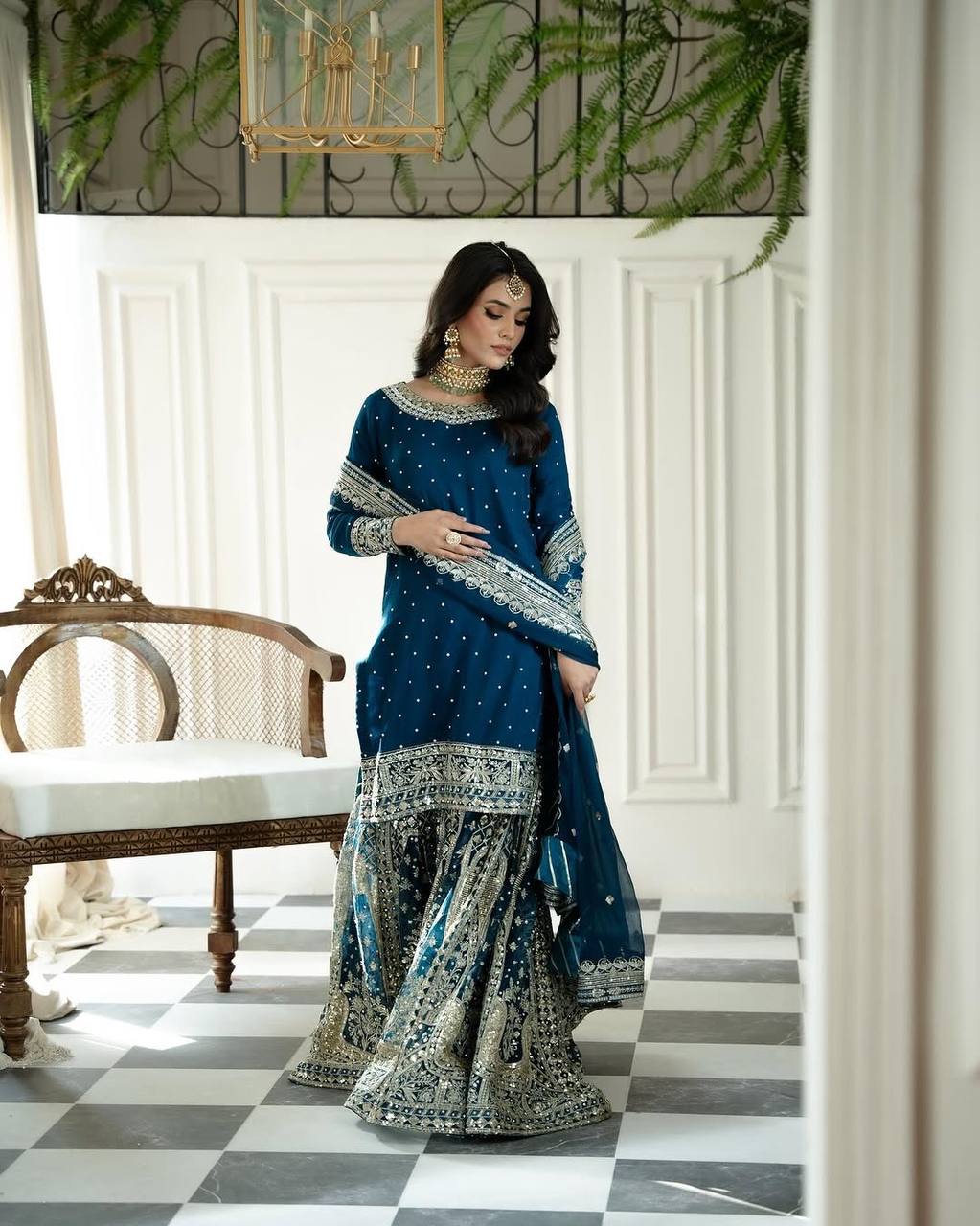 Wedding Wear Teal Blue Color Heavy Faux Georgette With Embroidery Sequence Work Sharara Suit