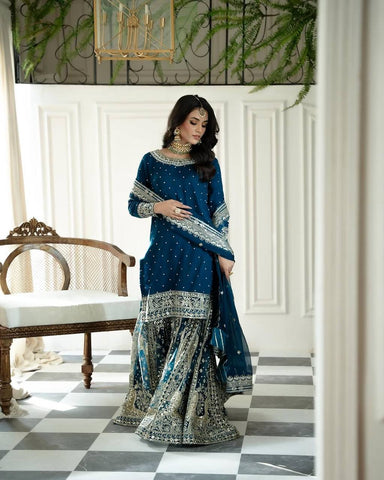 Wedding Wear Teal Blue Color Heavy Faux Georgette With Embroidery Sequence Work Sharara Suit