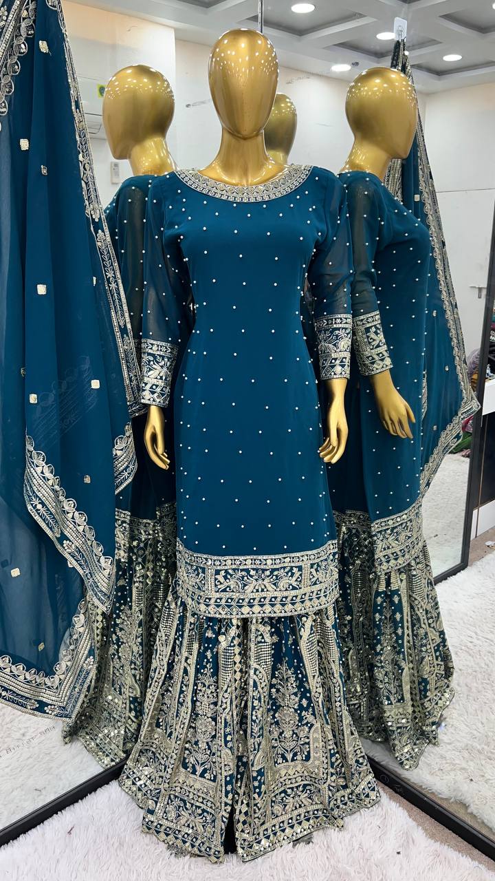 Wedding Wear Teal Blue Color Heavy Faux Georgette With Embroidery Sequence Work Sharara Suit