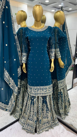 Wedding Wear Teal Blue Color Heavy Faux Georgette With Embroidery Sequence Work Sharara Suit
