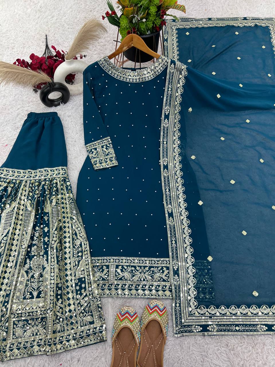 Wedding Wear Teal Blue Color Heavy Faux Georgette With Embroidery Sequence Work Sharara Suit