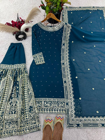 Wedding Wear Teal Blue Color Heavy Faux Georgette With Embroidery Sequence Work Sharara Suit