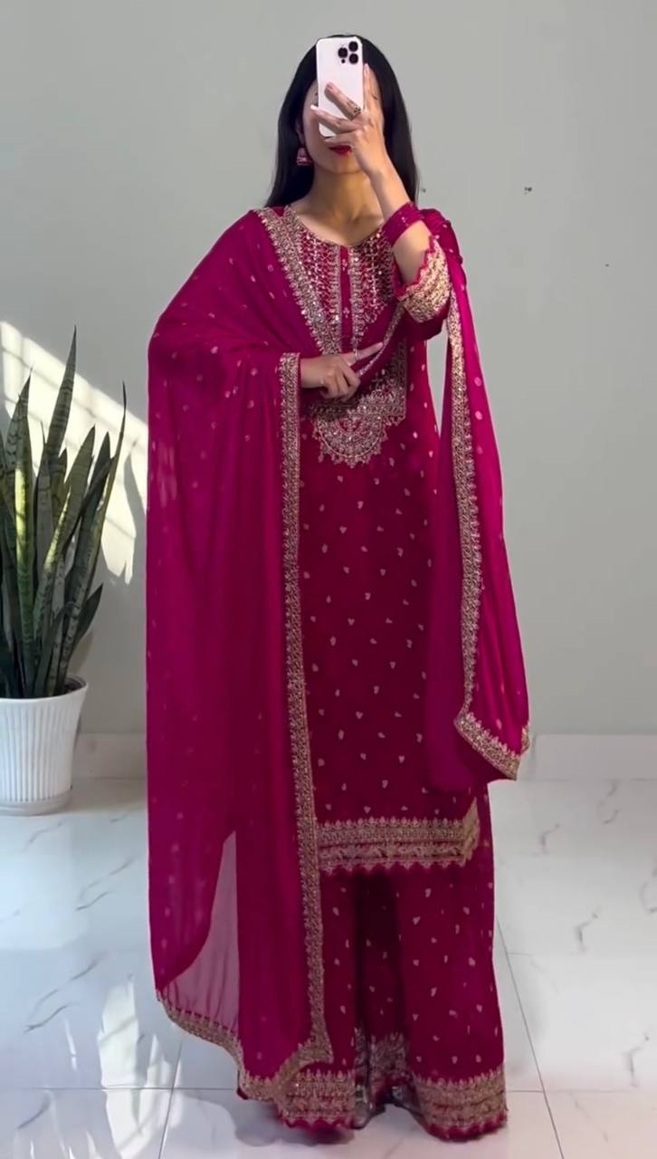 Ravishing Pink Color Heavy Chinon Silk With Heavy Embroidery Sequence Work Sharara Suit