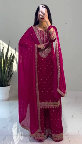 Ravishing Pink Color Heavy Chinon Silk With Heavy Embroidery Sequence Work Sharara Suit