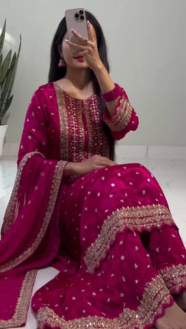 Ravishing Pink Color Heavy Chinon Silk With Heavy Embroidery Sequence Work Sharara Suit