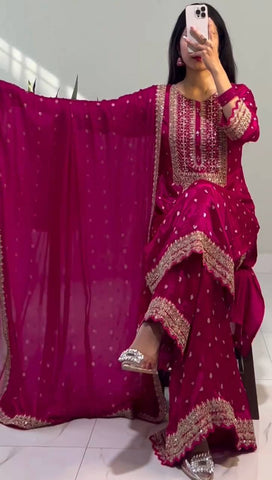 Ravishing Pink Color Heavy Chinon Silk With Heavy Embroidery Sequence Work Sharara Suit