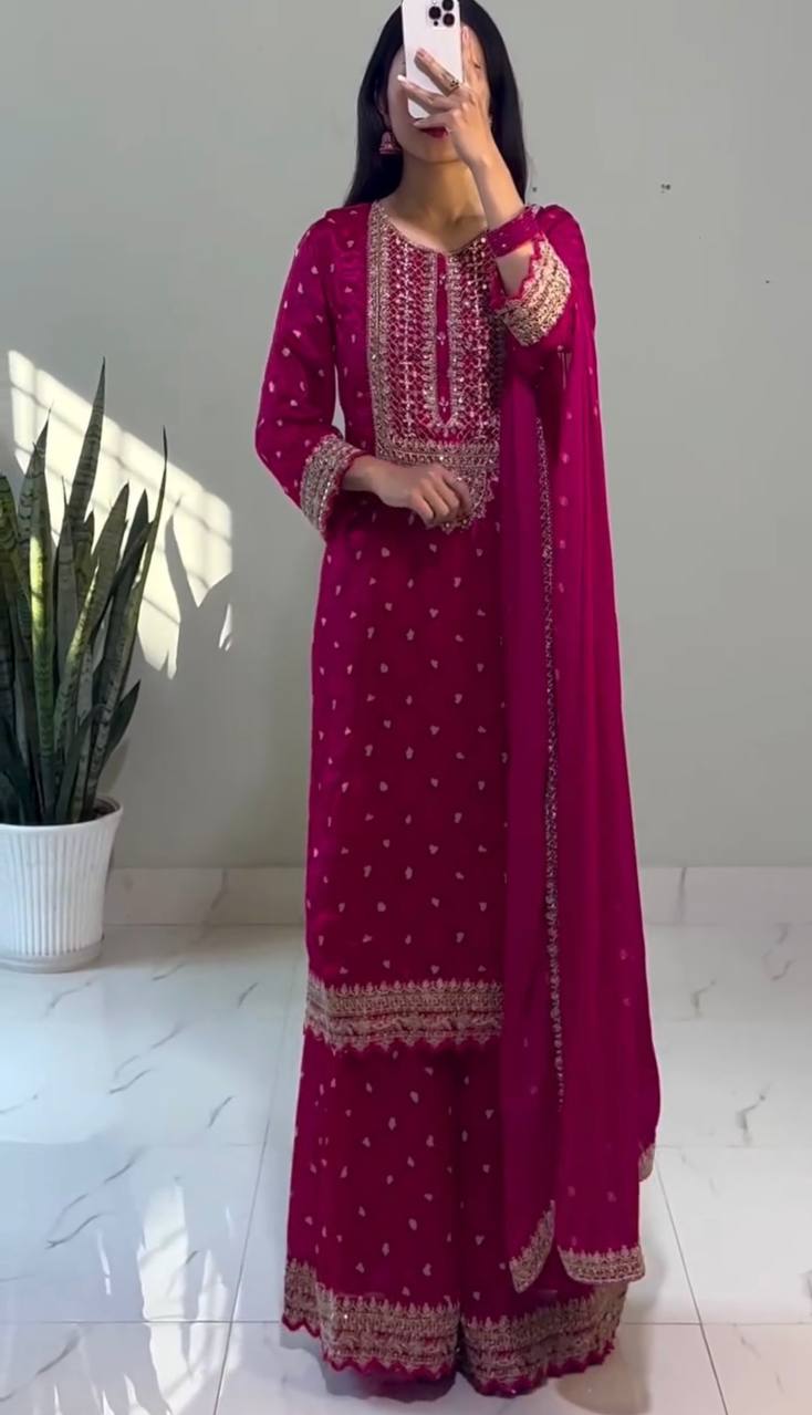 Ravishing Pink Color Heavy Chinon Silk With Heavy Embroidery Sequence Work Sharara Suit