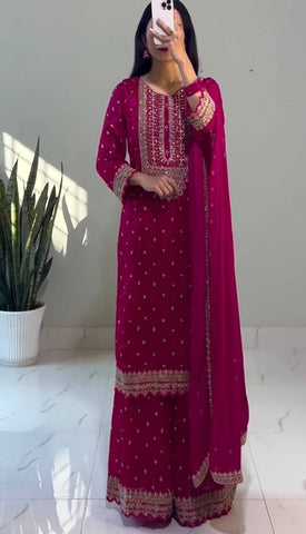 Ravishing Pink Color Heavy Chinon Silk With Heavy Embroidery Sequence Work Sharara Suit