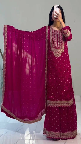 Ravishing Pink Color Heavy Chinon Silk With Heavy Embroidery Sequence Work Sharara Suit