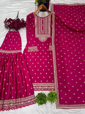 Ravishing Pink Color Heavy Chinon Silk With Heavy Embroidery Sequence Work Sharara Suit