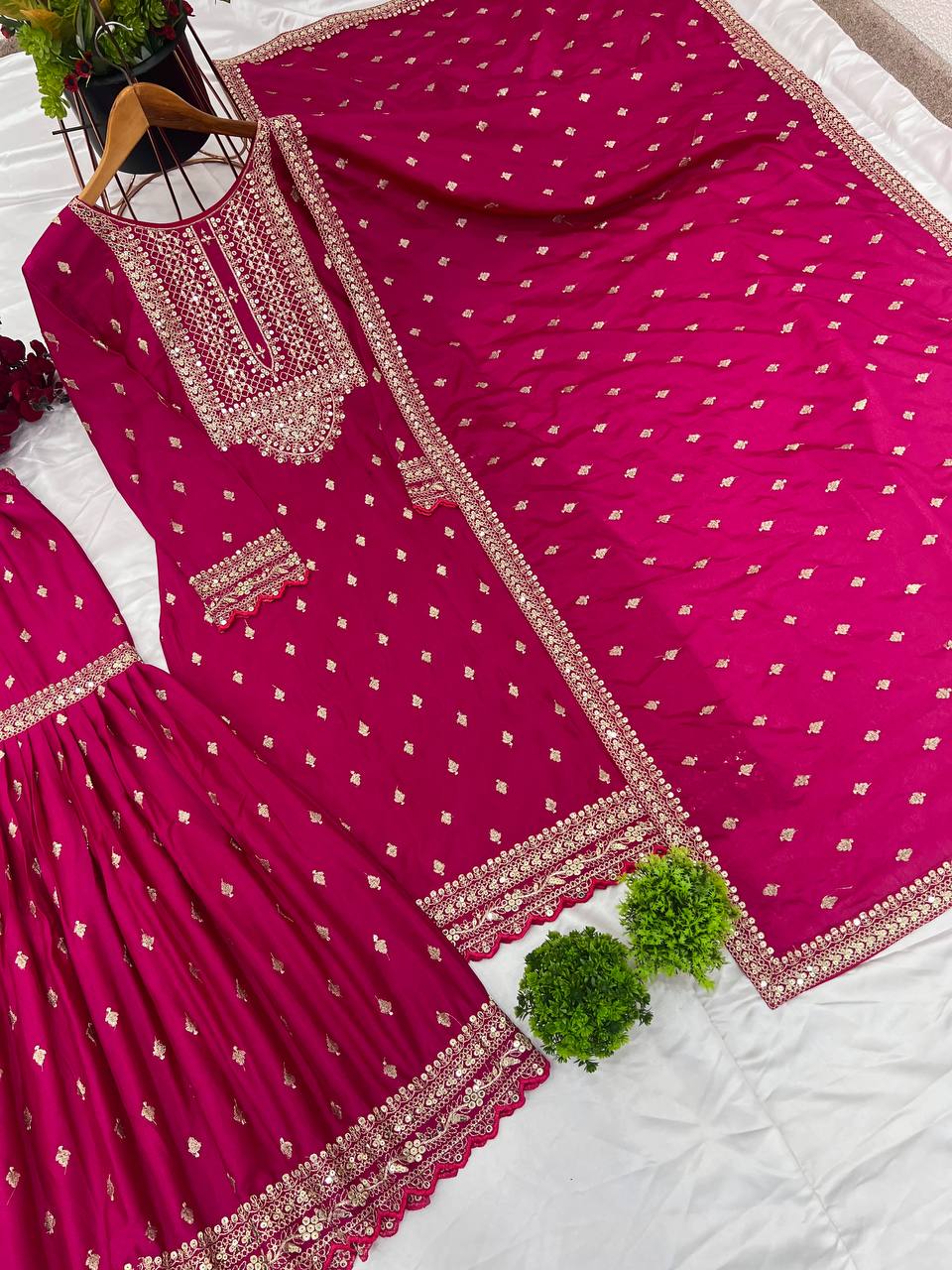 Ravishing Pink Color Heavy Chinon Silk With Heavy Embroidery Sequence Work Sharara Suit