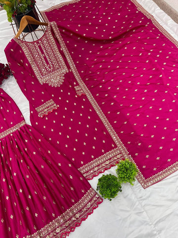 Ravishing Pink Color Heavy Chinon Silk With Heavy Embroidery Sequence Work Sharara Suit