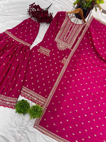 Ravishing Pink Color Heavy Chinon Silk With Heavy Embroidery Sequence Work Sharara Suit