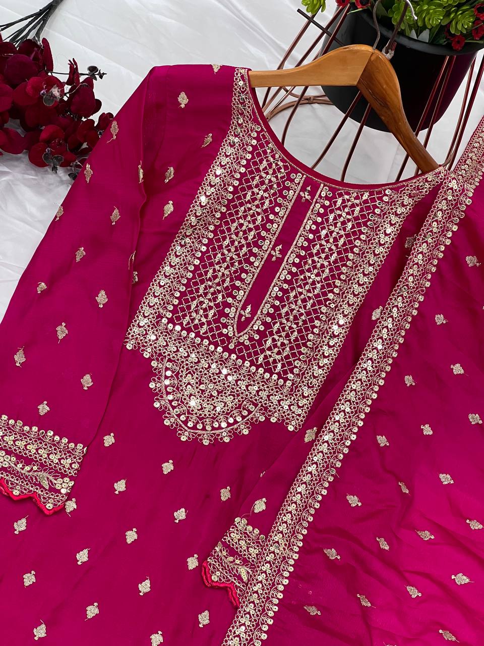 Ravishing Pink Color Heavy Chinon Silk With Heavy Embroidery Sequence Work Sharara Suit