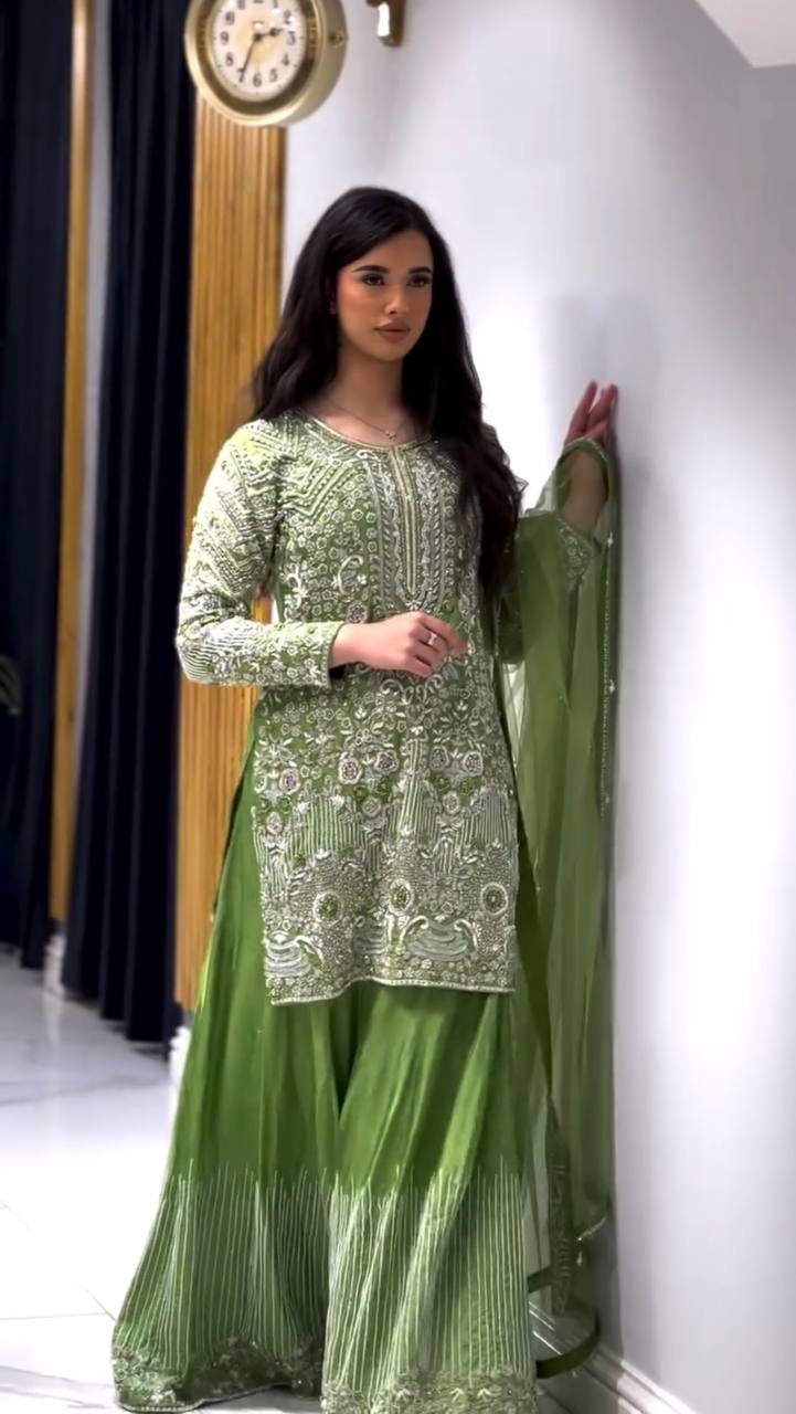 Ceremony Wear Green Color Pure Chinon Silk With Embroidery Sequence With Moti Work Sharara Suit