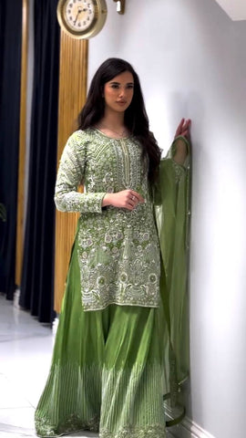 Ceremony Wear Green Color Pure Chinon Silk With Embroidery Sequence With Moti Work Sharara Suit