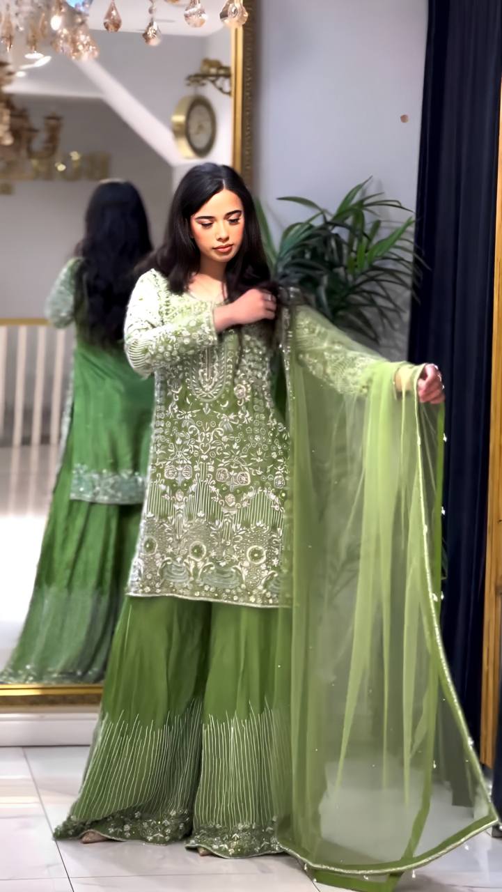Ceremony Wear Green Color Pure Chinon Silk With Embroidery Sequence With Moti Work Sharara Suit