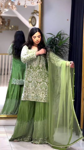Ceremony Wear Green Color Pure Chinon Silk With Embroidery Sequence With Moti Work Sharara Suit