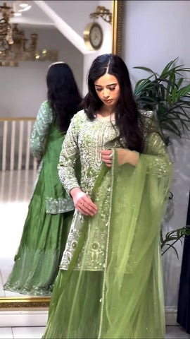 Ceremony Wear Green Color Pure Chinon Silk With Embroidery Sequence With Moti Work Sharara Suit